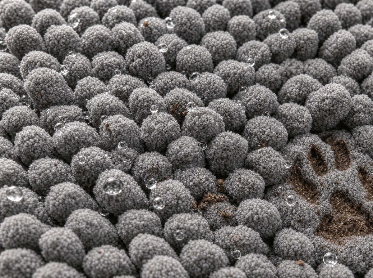 Gros plan sur les mèches en microfibre chenille d'un tapis absorbant pour chien