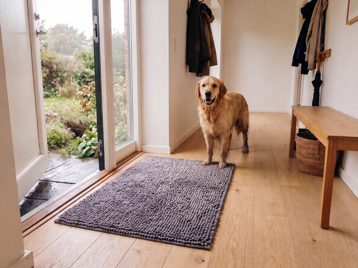 Golden retriever mouillé sur un tapis absorbant gris devant la porte d'entrée, parquet propre