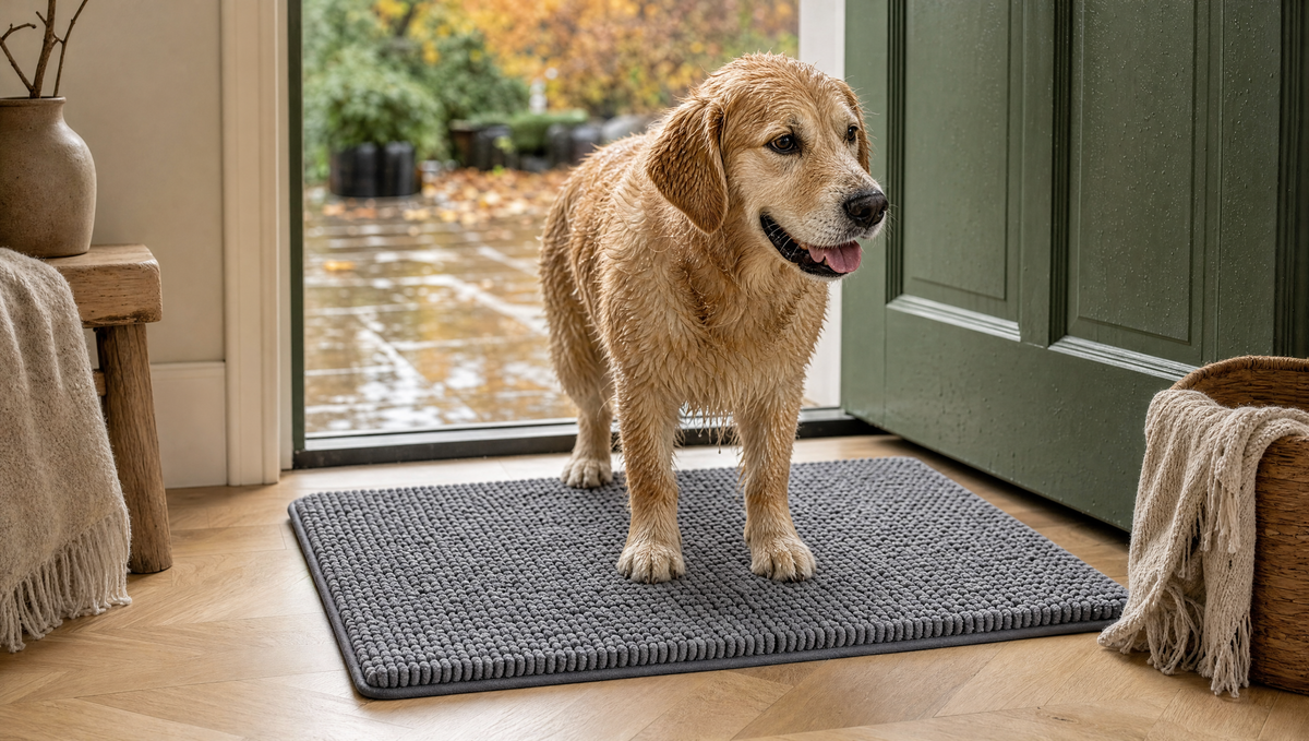 Chien mouillé qui entre sur le tapis Pattelin devant la porte, jour de pluie