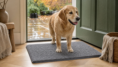 Chien mouillé qui entre sur le tapis Pattelin devant la porte, jour de pluie