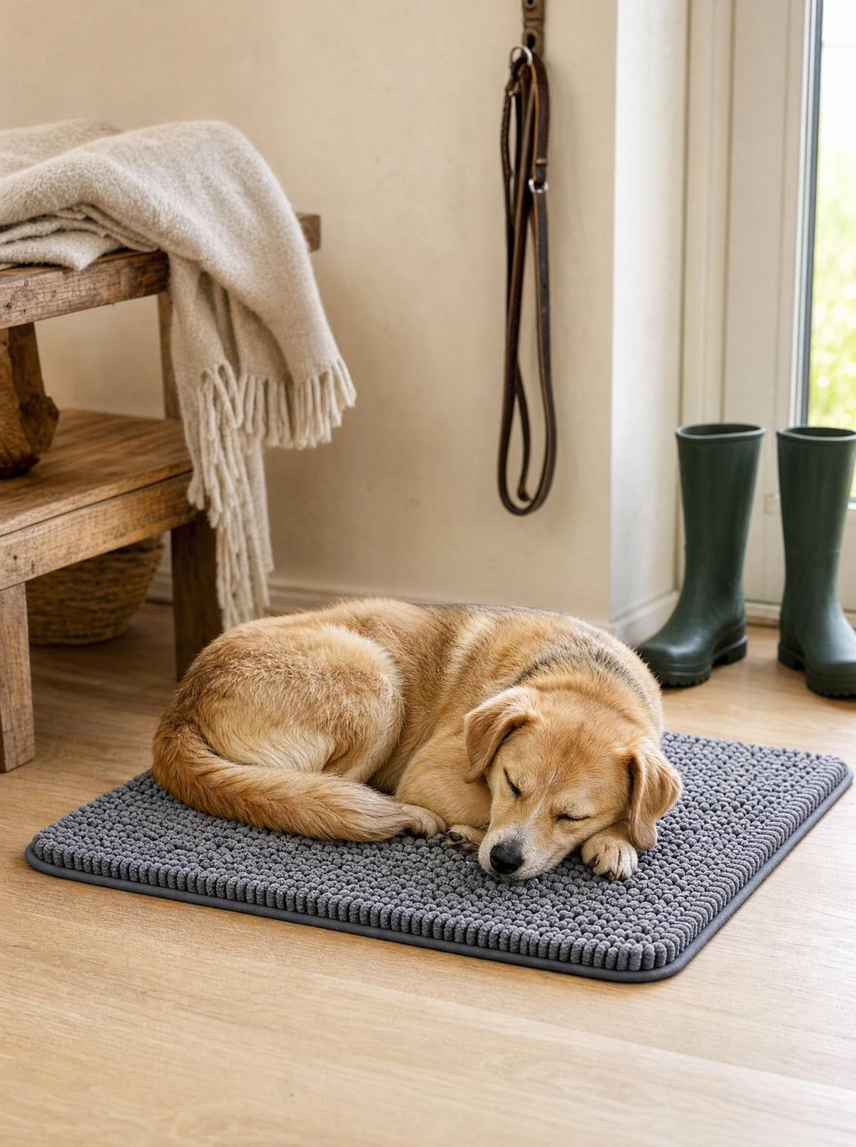 Chien endormi sur le tapis Pattelin dans une entrée lumineuse
