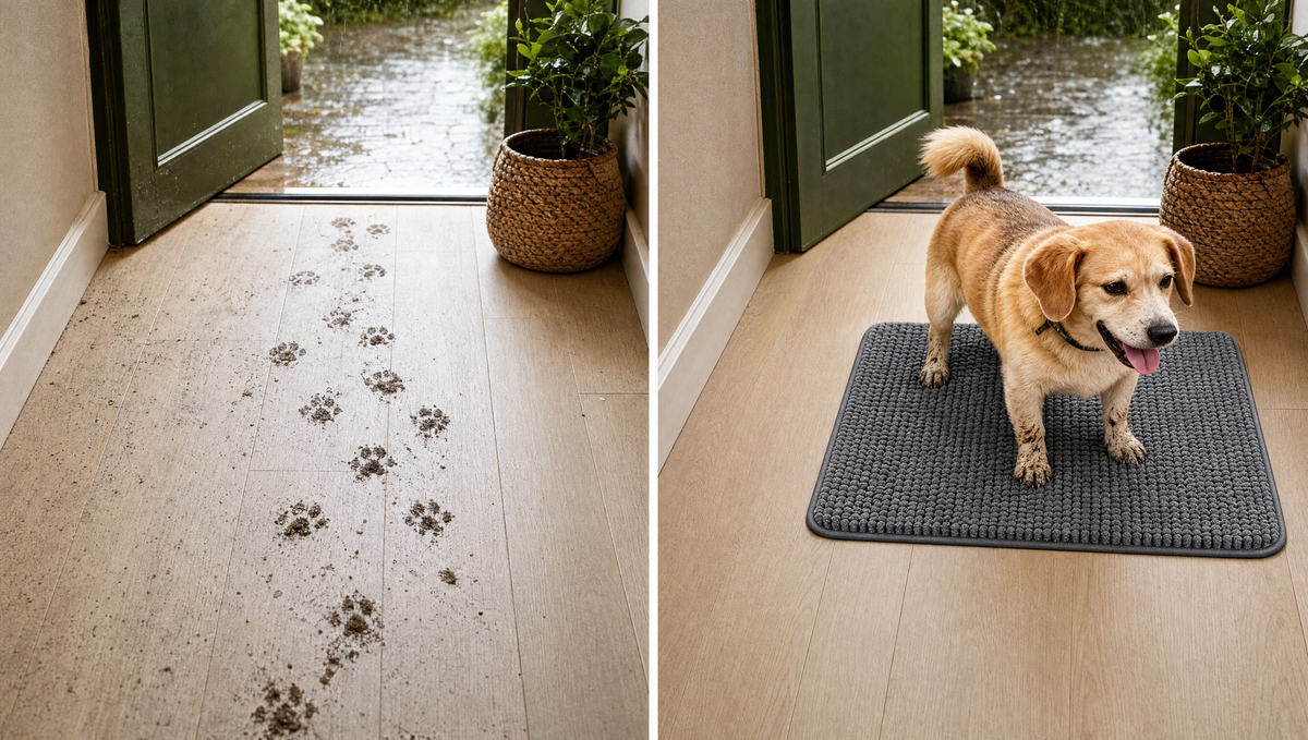 Illustration : les traces de pattes s'arrêtent sur le tapis Pattelin