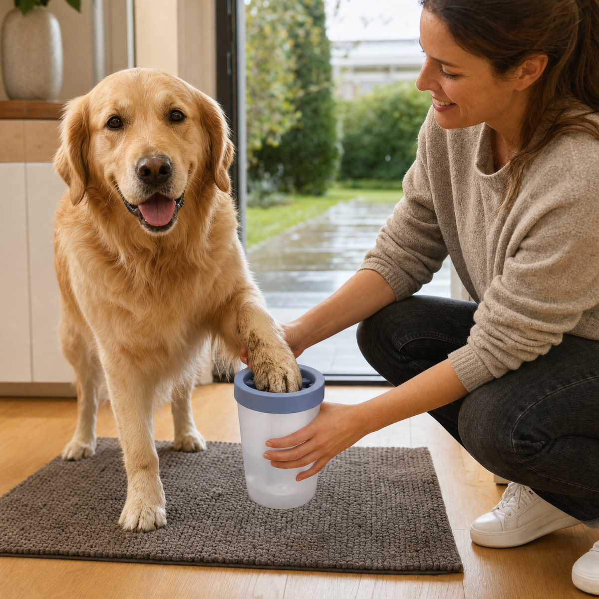 Nettoyage de la patte d'un golden retriever avec le nettoie-pattes, sur le tapis Pattelin