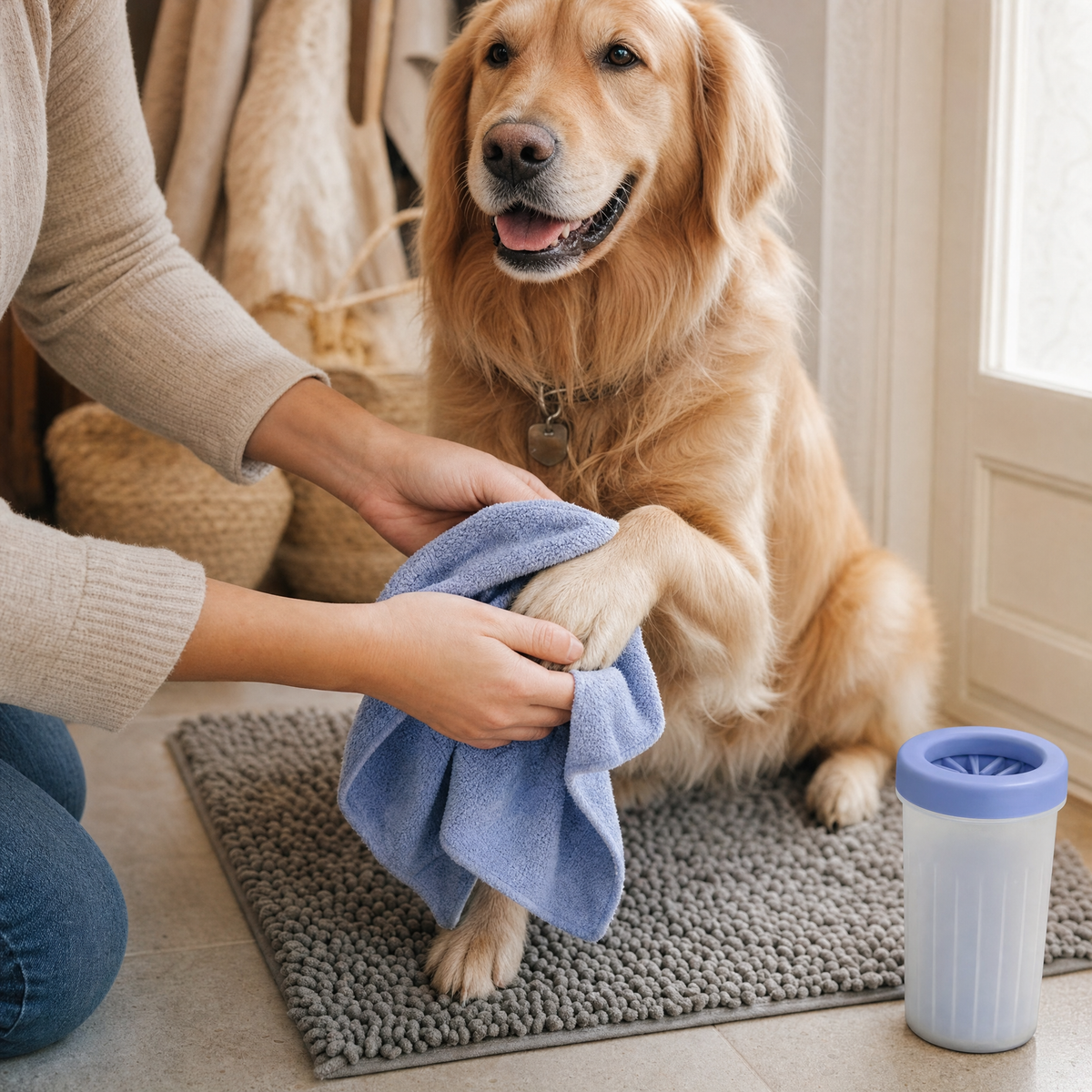 Séchage de la patte avec la serviette absorbante incluse