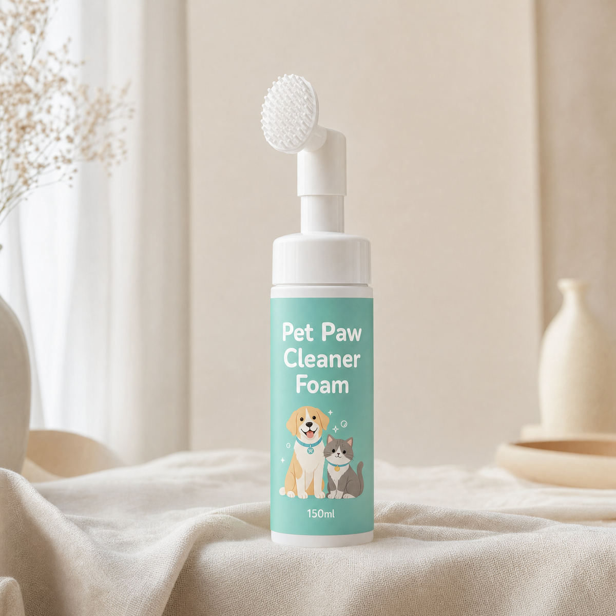 Mousse nettoyante pour pattes Pattelin, flacon de 150 ml avec embout brosse, posé sur un lin ivoire