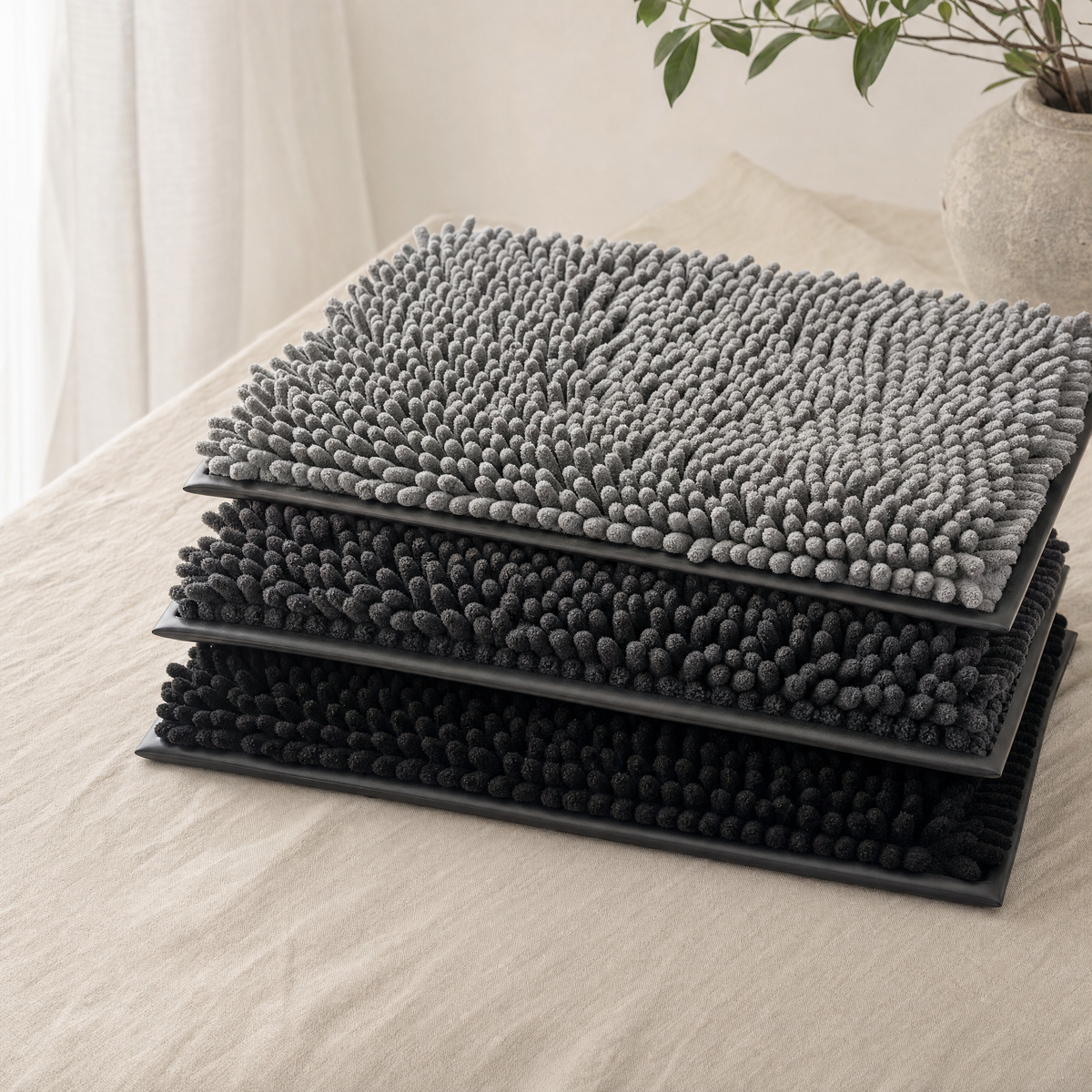 Pack Trio : trois tapis Pattelin gris moyen, gris anthracite et noir empilés
