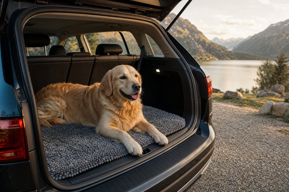 Golden retriever couché sur le tapis Pattelin dans le coffre d'une voiture