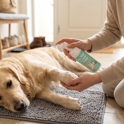 Application de la mousse nettoyante Pattelin sur la patte d'un golden retriever couché sur le tapis