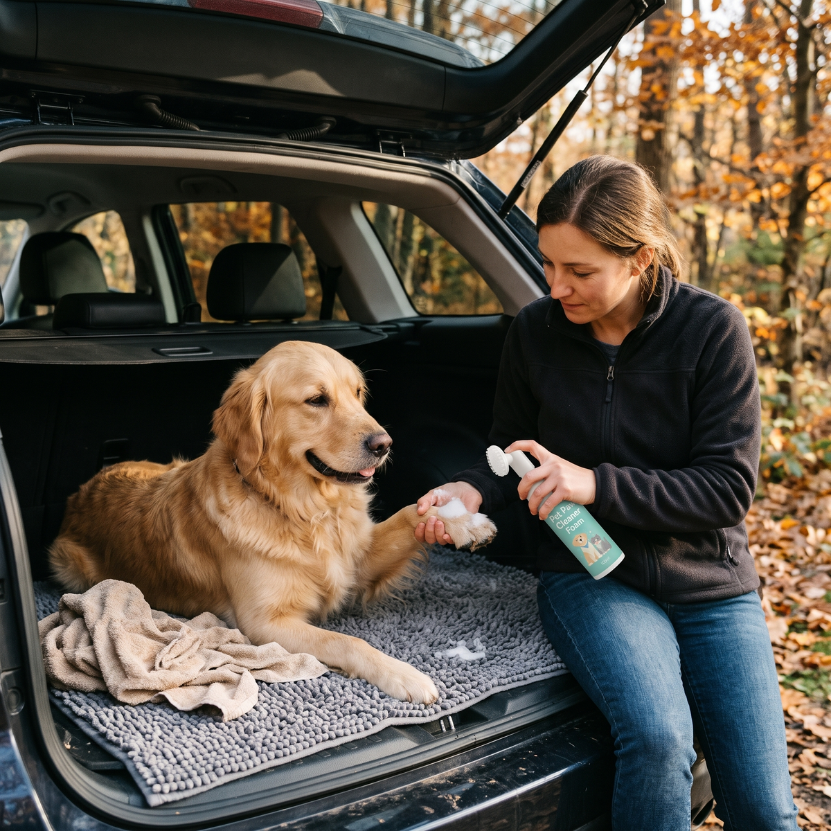 Après une balade en forêt, nettoyage des pattes d'un golden retriever avec la mousse Pattelin dans le coffre de la voiture, sur le tapis Pattelin