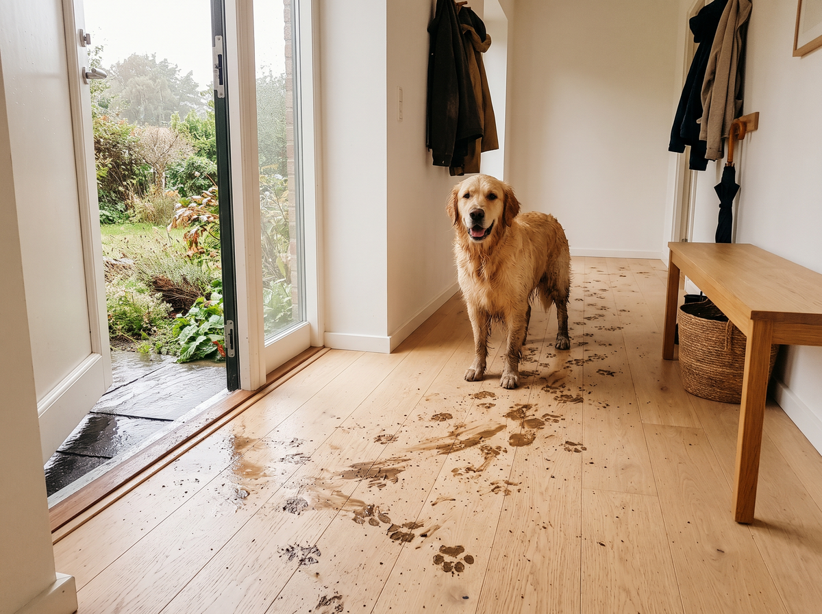 Sans tapis : traces de pattes boueuses partout sur le parquet de l'entrée